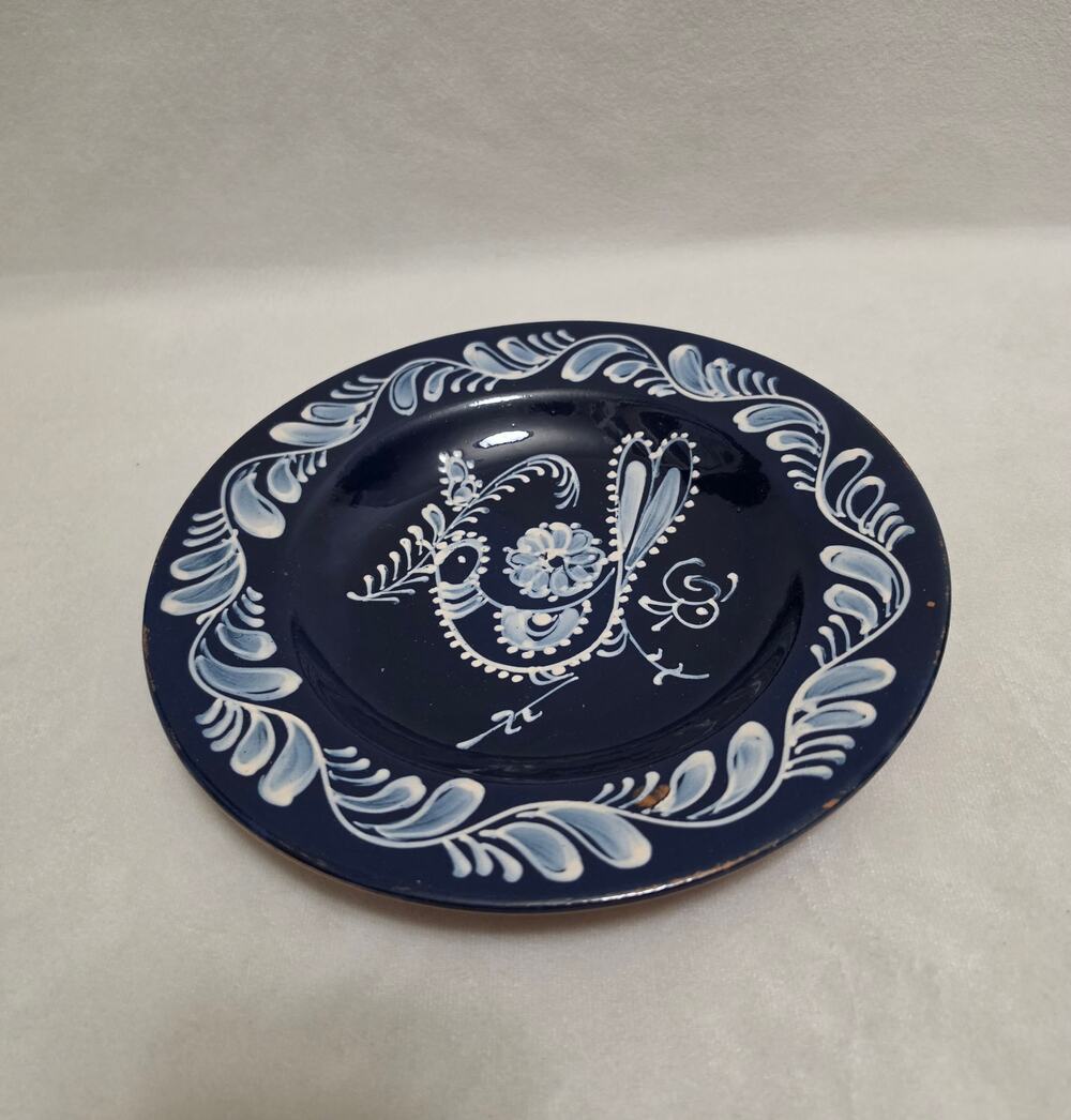Vintage Cobalt Blue Ceramic Folk Art Decorative Plate Bird Motif Hand Painted